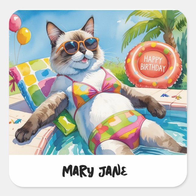 Sticker Carré Fête d'anniversaire au bord de la piscine pour les (Devant)