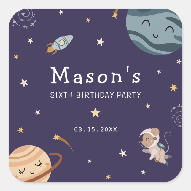 Sticker Carré Fête d'anniversaire aventure spatiale pour enfants (Devant)