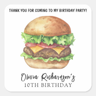 Sticker Carré Fête d'anniversaire Burger Aquarelle Merci