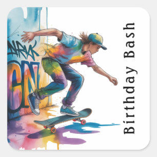 Sticker Carré Fête d'anniversaire colorée pour garçon avec graff