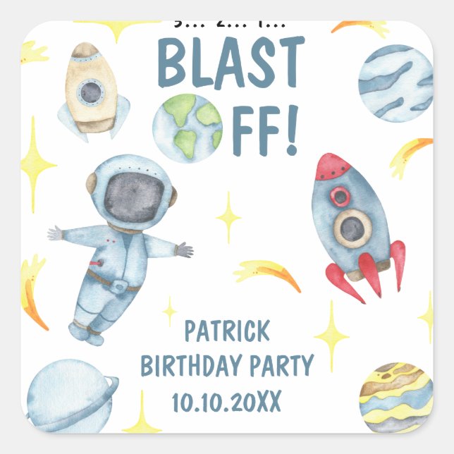 Sticker Carré Fête d'anniversaire dans l'espace pour astronaute  (Devant)
