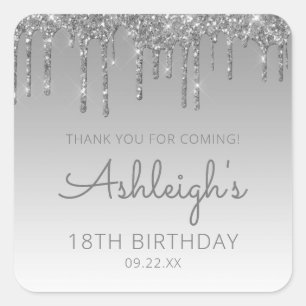 Sticker Carré Fête d'anniversaire de 18 ans Silver Glitter Drip