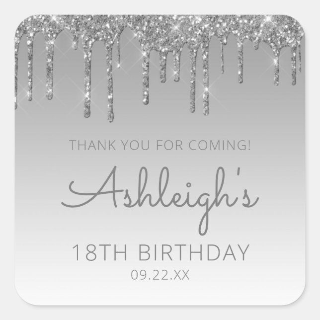 Sticker Carré Fête d'anniversaire de 18 ans Silver Glitter Drip  (Devant)