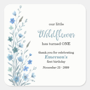 Sticker Carré Fête d'anniversaire de 1 an Elegant Blue Wildflowe