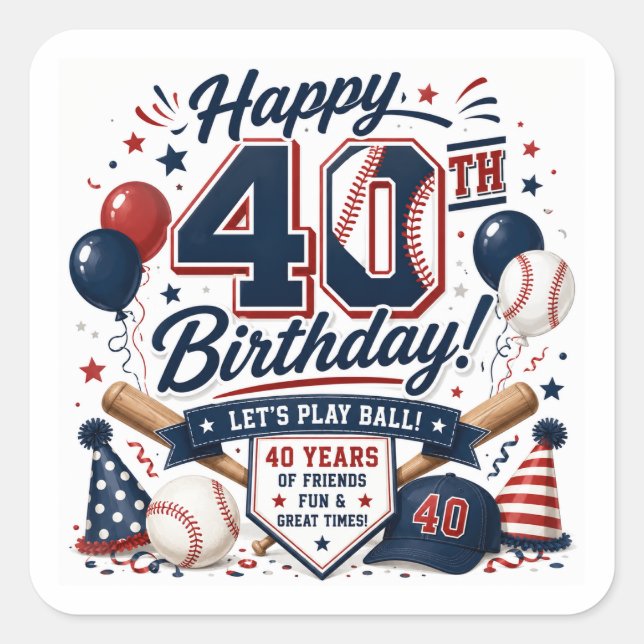 Sticker Carré Fête d'anniversaire de 40 ans de baseball  (Devant)