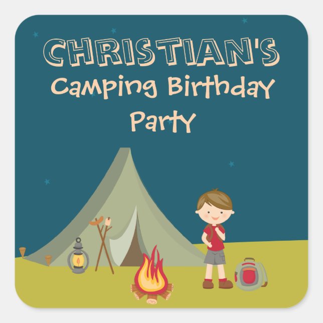 Sticker Carré Fête d'anniversaire de camping du garçon autocolla (Devant)