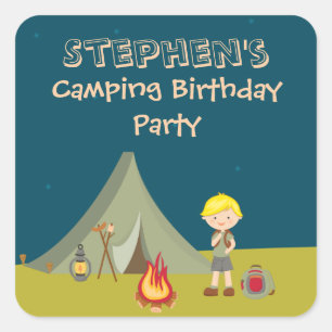 Sticker Carré Fête d'anniversaire de camping du garçon autocolla