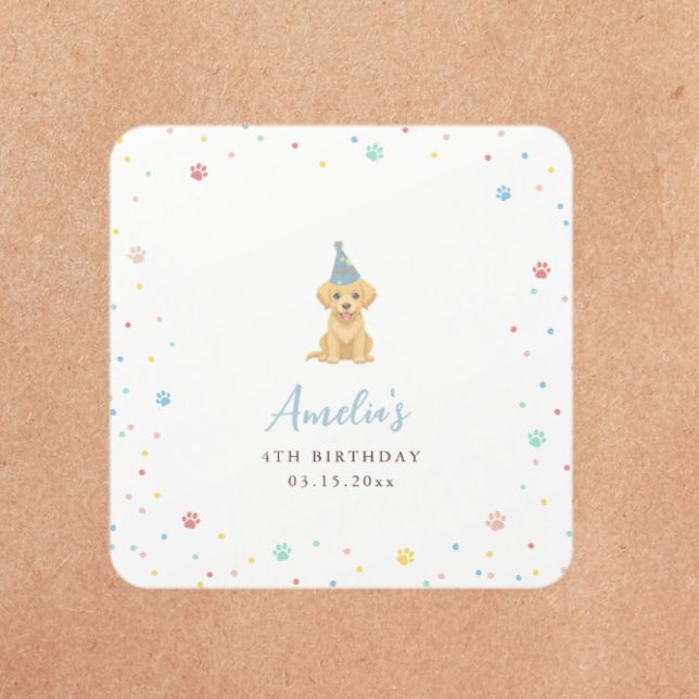 Sticker Carré Fête d'anniversaire de chiot mignon Bleu (Créateur téléchargé)