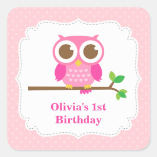 Sticker Carré Fête d'anniversaire de chouette mignonne à pois ro