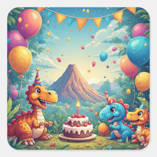 Sticker Carré 🎉 Fête d'anniversaire de dinosaure mignon dans un