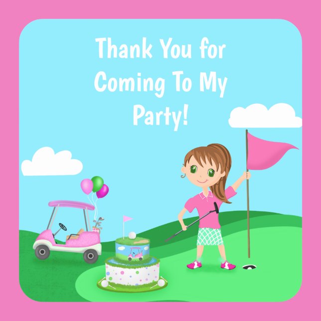 Sticker Carré Fête d'anniversaire de fille chibi au golf Par-Tee (Créateur téléchargé)