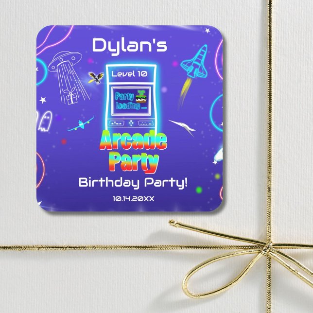 Sticker Carré Fête d'anniversaire de jeu de rétro arcade (Créateur téléchargé)