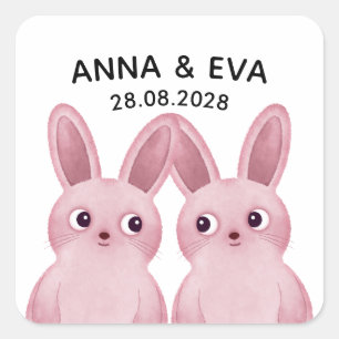 Sticker Carré Fête d'anniversaire de jumelles avec lapins roses