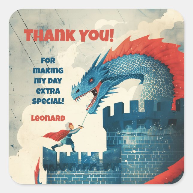 Sticker Carré Fête d'anniversaire de Knight et Dragon sans peur (Devant)