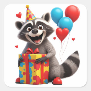 Sticker Carré 🦝 Fête d'anniversaire de raton laveur mignon avec
