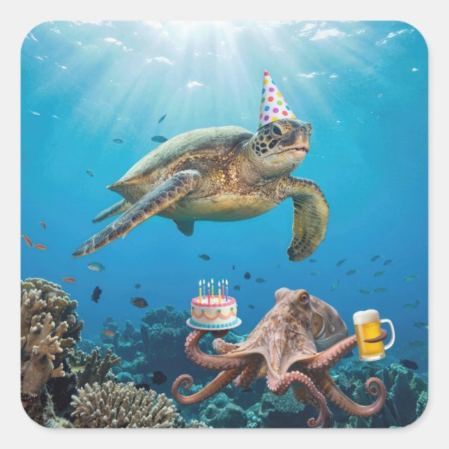 Sticker Carré Fête d'anniversaire de tortue marine avec pieuvre (Devant)