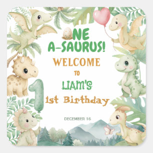 Sticker Carré Fête d'anniversaire du garçon dinosaure One-A-Saur