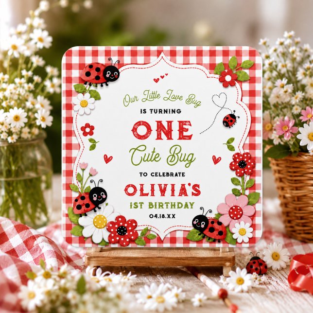 Sticker Carré Fête d'anniversaire d'une année avec un joli bug f (One Cute Bug Floral Ladybug 1st Birthday party Square Sticker
)