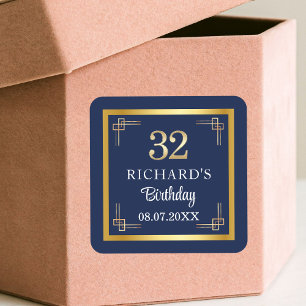 Sticker Carré Fête d'anniversaire élégante Bleu Or 32 ans