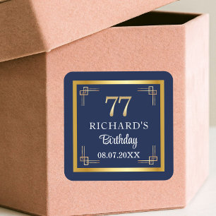 Sticker Carré Fête d'anniversaire élégante Bleu Or 77 ans