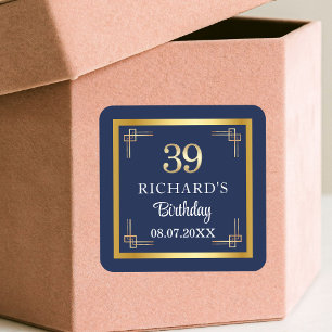 Sticker Carré Fête d'anniversaire élégante bleue et or pour les 