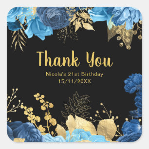 Sticker Carré Fête d'anniversaire élégante fleurs bleues et or