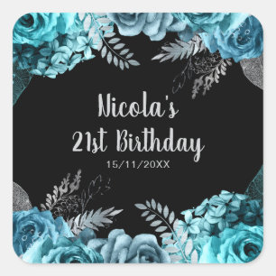 Sticker Carré Fête d'anniversaire élégante fleurs bleues sarcell