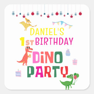 Sticker Carré Fête d'anniversaire enfant Dino Mignon