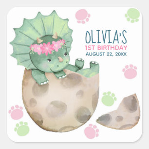 Sticker Carré Fête d'anniversaire fille dinosaure Triceratops