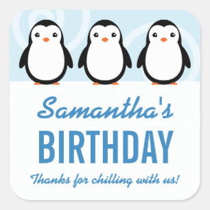 Sticker Carré Fête d'anniversaire Fille Hiver Manchot Cadeau