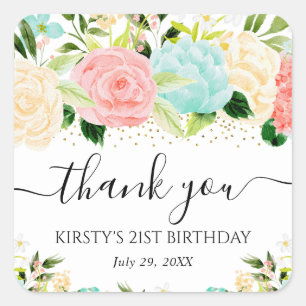 Sticker Carré Fête d'anniversaire Fleurs Rose et Menthe Aquarell