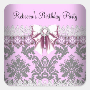 Sticker Carré Fête d'anniversaire florale grise rose vintage bla