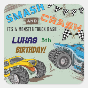 Sticker Carré Fête d'anniversaire garçon Monster Trucks 