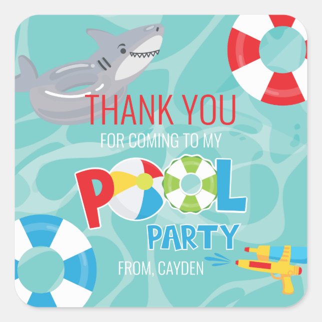 Sticker Carré Fête d'anniversaire garçon piscine fête requin mer (Devant)