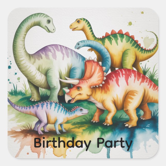 Sticker Carré Fête d'anniversaire garçon thème dinosaures (Devant)
