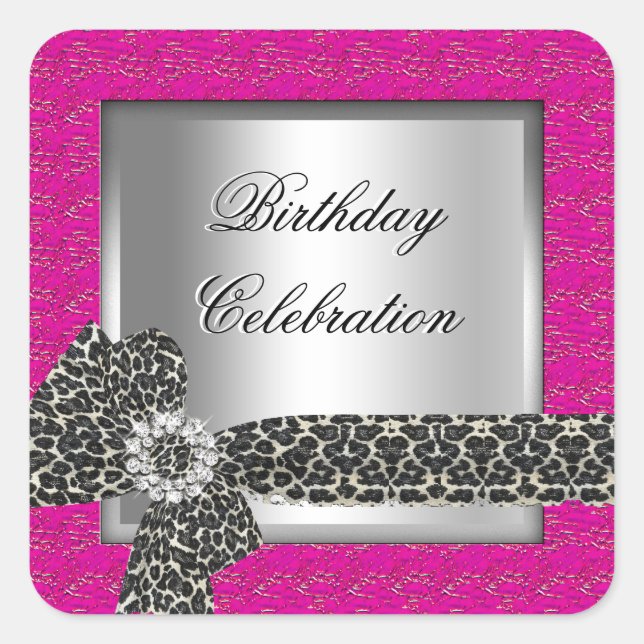 Sticker Carré Fête d'anniversaire Leopard Hot rose argent rose (Devant)