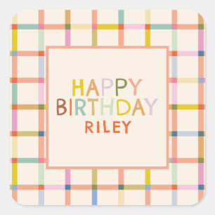 Sticker Carré Fête d'anniversaire personnalisée pastel carreaux 