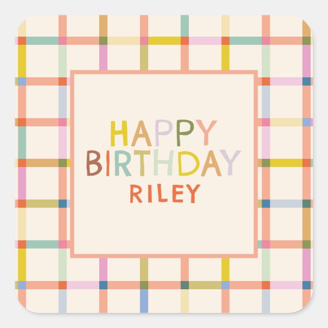 Sticker Carré Fête d'anniversaire personnalisée pastel carreaux  (Devant)