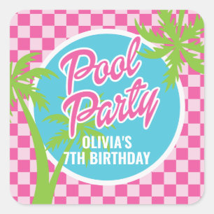 Sticker Carré Fête d'anniversaire Pink Malibu Pool Party
