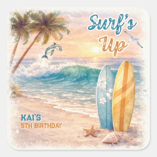 Sticker Carré Fête d'anniversaire Rétro Surf à la plage (Devant)