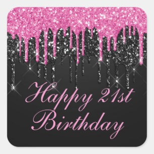Sticker Carré Fête d'anniversaire rose et noir avec paillettes d