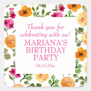 Sticker Carré Fête d'anniversaire rose Orange Floral Favoriser