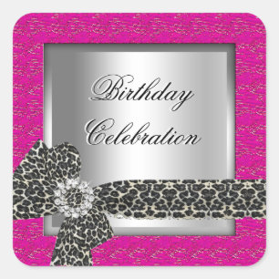 Sticker Carré Fête d'anniversaire rose vif argent léopard