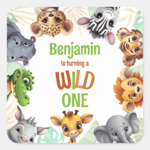 Sticker Carré Fête d'anniversaire Safari Jungle Animal Enfant Wi