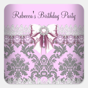 Sticker Carré Fête d'anniversaire Vintage Rose Grey Floral Blanc