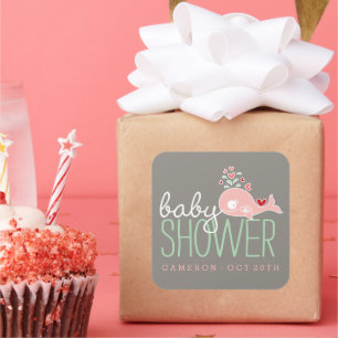 Sticker Carré Fête de Baby Shower Fille Bébé Baleine Maman Encei