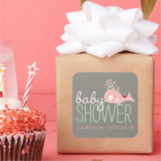 Sticker Carré Fête de Baby Shower Fille Bébé Baleine Maman Encei