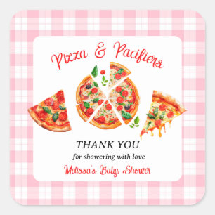 Sticker Carré Fête de Baby Shower Fille Rose Gingham Pizza et Té
