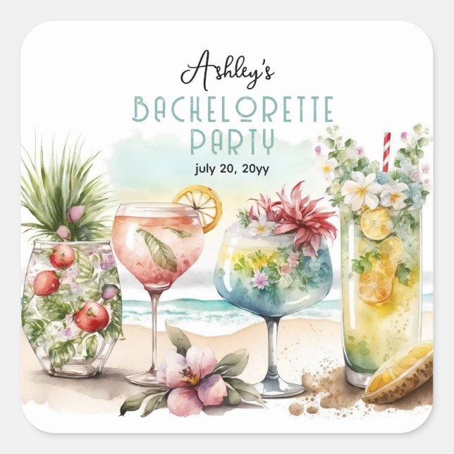 Sticker Carré Fête de Bachelorette avec cocktails thème tropical (Devant)