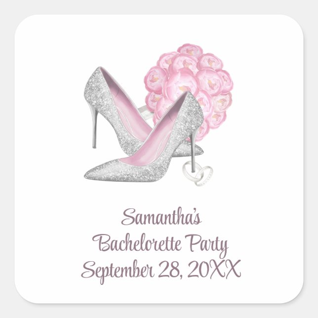 Sticker Carré Fête de Bachelorette Glamour Talons Argent Roses R (Devant)